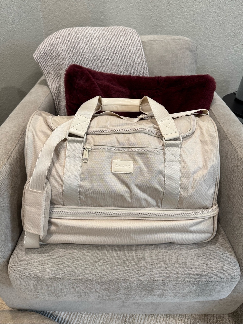 Calpak Cream Nylon Duffel with Shoe Compartment - Weekender Bag